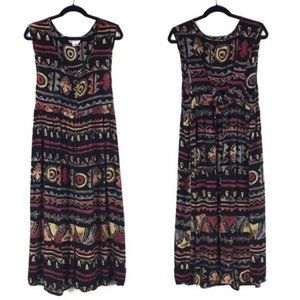 Vintage 90’s Black Aztec Tribal Print Babydoll Maxi D…